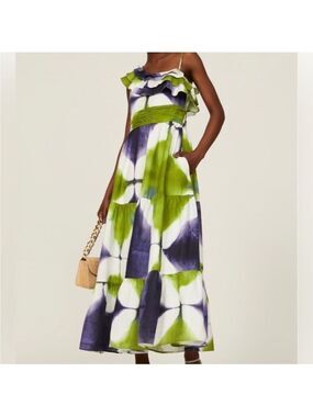 Busayo Collective Purple Green Print One Shoulder Ruffle Maxi Dress Pockets 12